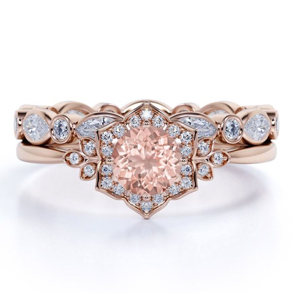 JeenMata 2 Carat Round Cut Pink Created Morganite and Moissanite Flower Engagement Ring Set - Bezel Eternity Wedding Band - 18k Rose Gold over Silver