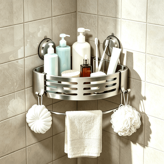 Corner Shower Caddy with Suction Cups | No Drill Adhesive Bathroom Storage Rack | Rustproof Aluminum Alloy | 1-Pack