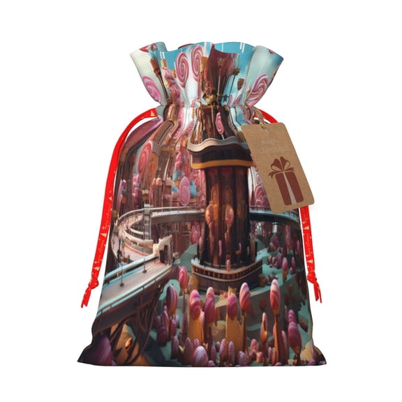 Fuzoiu fairy-tale-world-with-delicious-candy Print Christmas Gift Bag,Burlap Gift Bag with Drawstring Closure & Hang Tag,Perfect for Holidays, Birthdays, and Special Occasions-Small