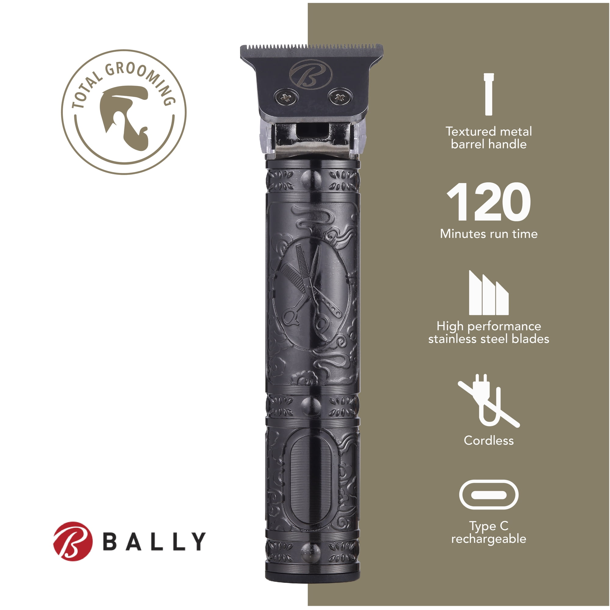 Bally's Stainless Steel T-Blade Cordless Rechargeable Men's Electric Hair Trimmer,