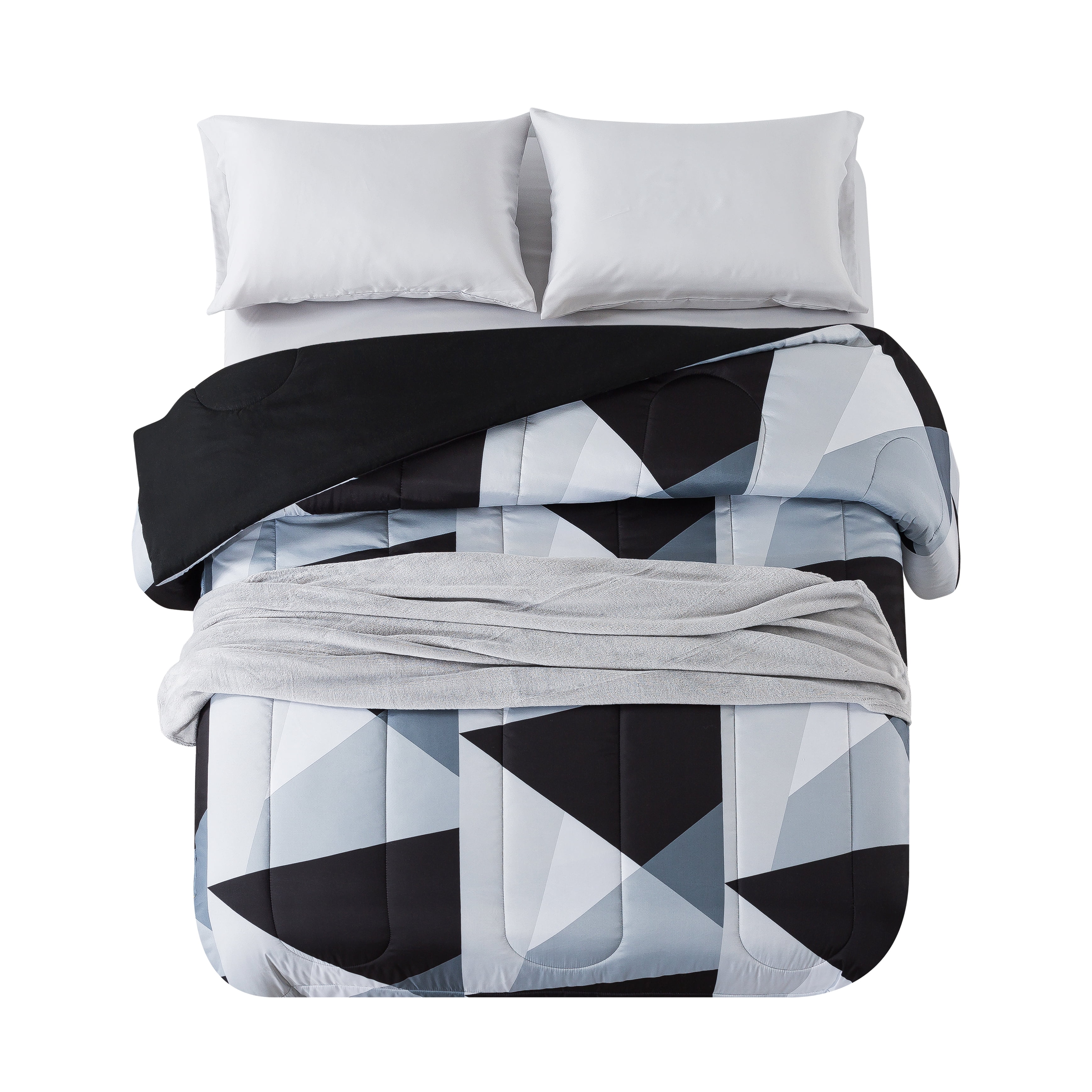 Mainstays Black & White Geometric 5 Piece Bed in a Bag Comforter Set with Sheets and Plush Throw, Queen