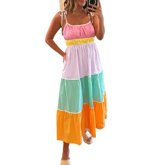Women's Multicolor Colorblock High Waist Flowing Maxi Dress with Pockets - [ZhiHiMeRi] | (US 12-14)L