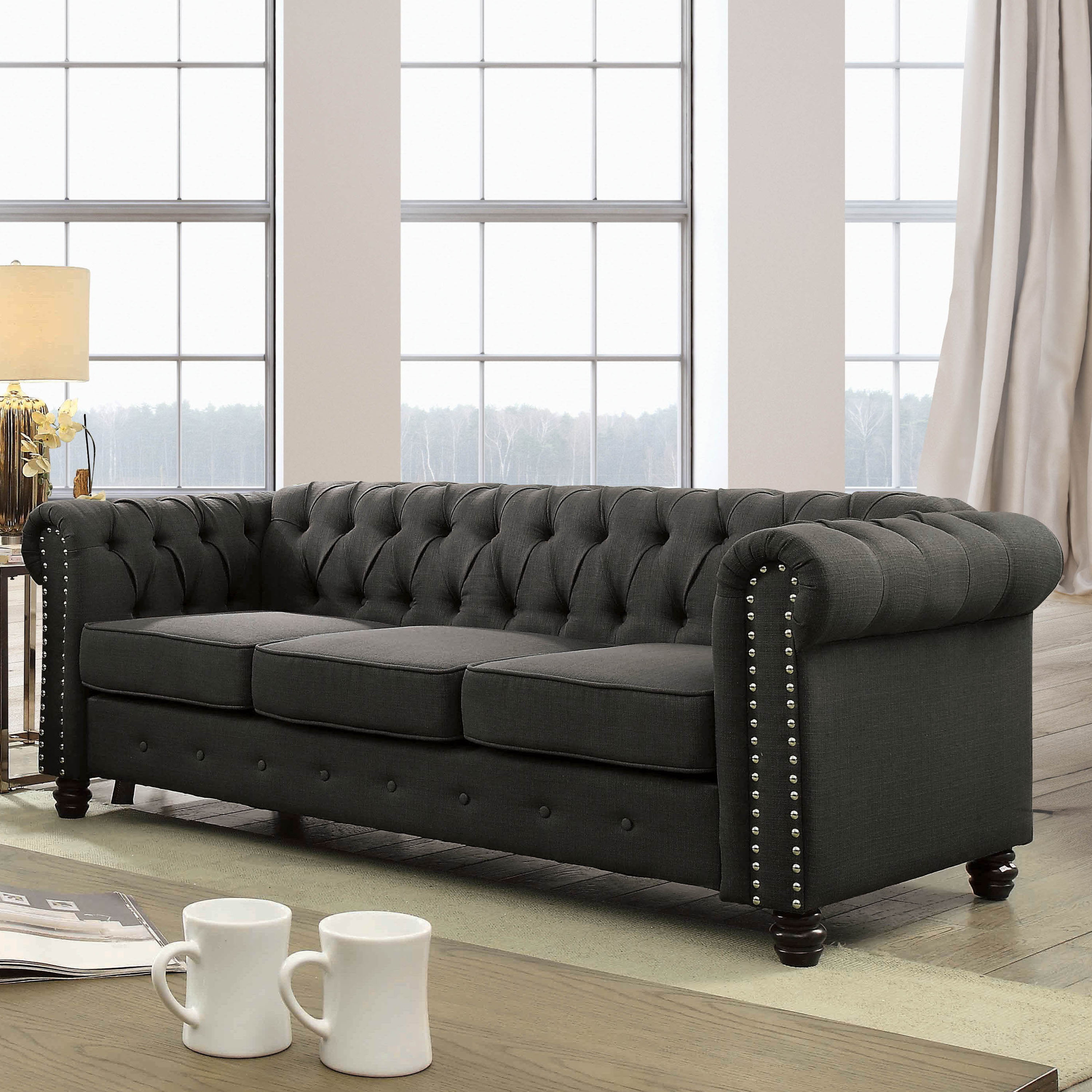 Furniture of America Tufted Traditional Faux Linen Bakari Sofa, Gray ...