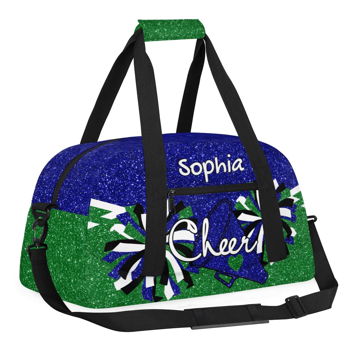 Jiaoprinted Personalized Sport Duffel Bag, Custom Cheer Dance Bag with Name, Customized Sport Gym Bag for Cheerleaders, Travel Duffle Bag for Women, Blue Green Glitter
