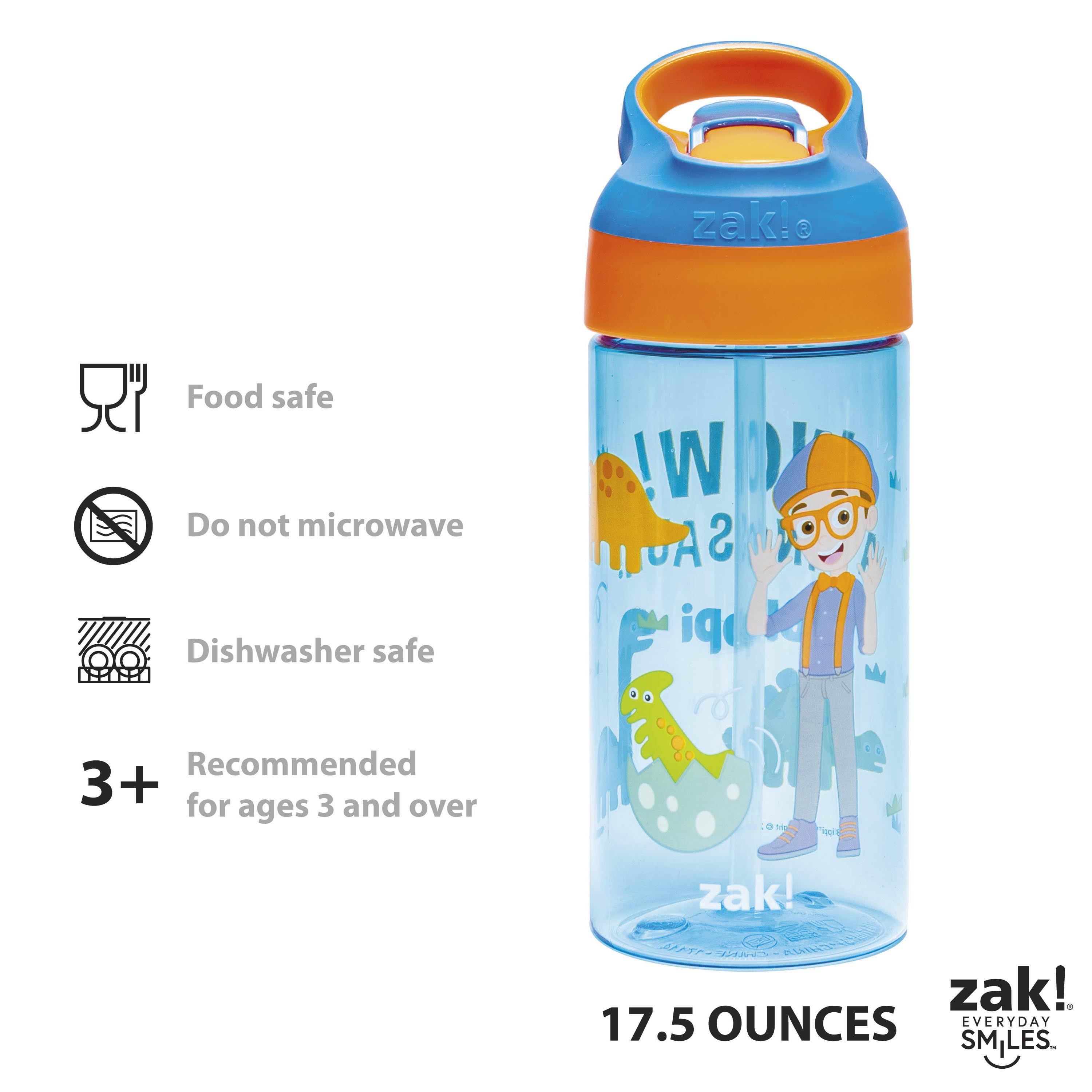 Zak Designs 17.5oz Blippi Kids Water Bottle with Spout Cover and Built-in Carrying Loop, Made of Durable Plastic, Leak-Proof Design for Travel (17.5 oz, Pack of 2)