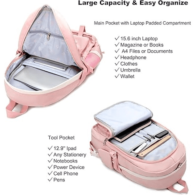 AO ALI VICTORY 3PCS-With lunch bag, pencil box Laptop Backpack 15.6 Inch Bag College Backpacks Backpack Set Anti Travel Back Pack Large Bookbags forTeens Women(Pink)