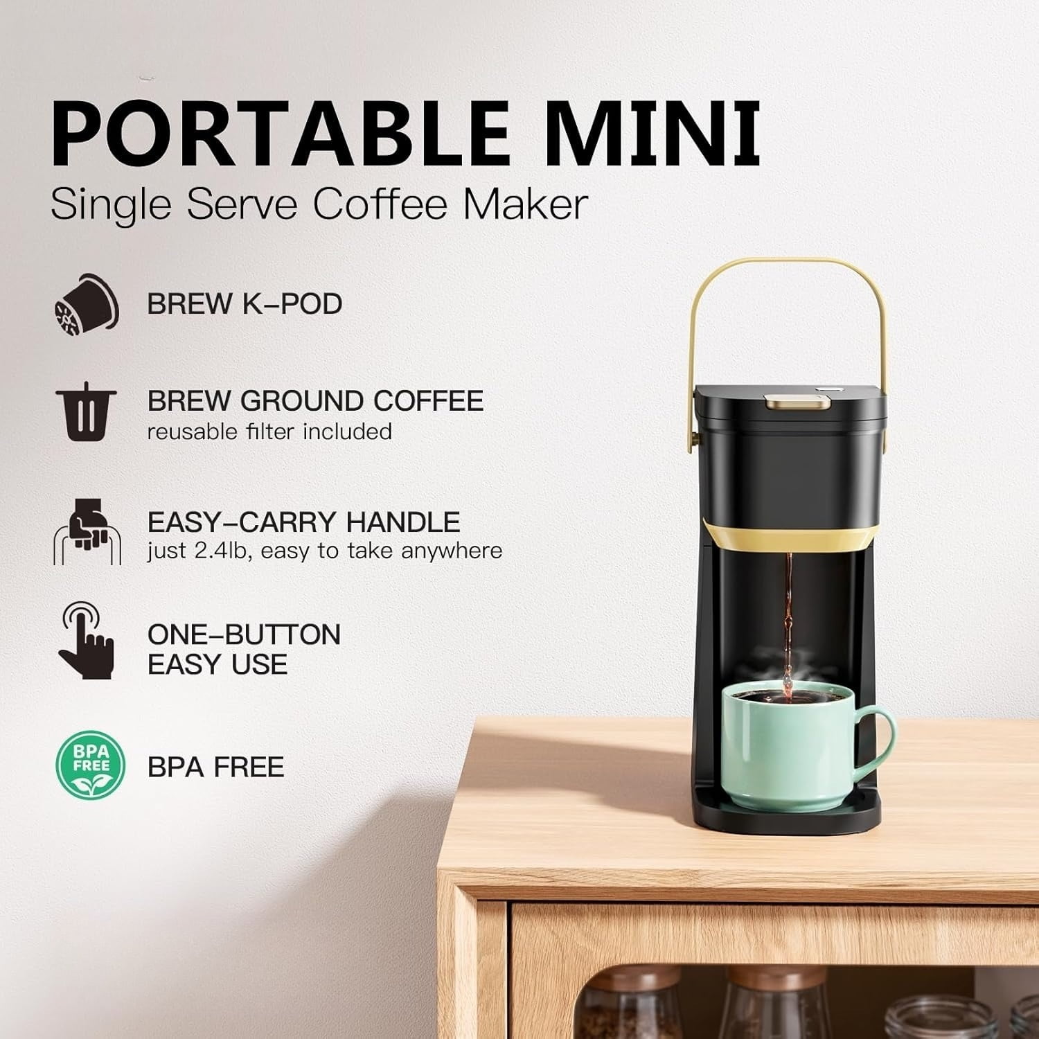 Single Serve One Cup Coffee Maker, for K Cups and Grounds, Mini Coffee Maker with Portable Handle, 6 to 12 Oz Brew Size, for Travel, Camping, Office