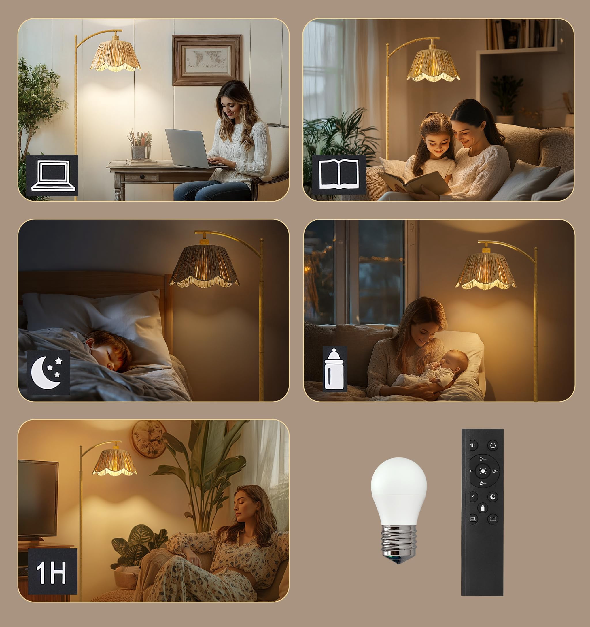 Arc Floor Lamp For Living Room With 3 Color Temperatures  Rattan Boho Remote & Dimmable Bulb Farmhouse Lamps Suitable Bedroom Study(light Woodgrain)