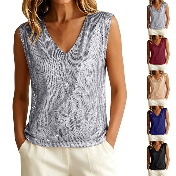 Women's V Neck Sequin Sleeveless Tank Top Sparkly Glitter Blouse Party Club Night Out Shiny Vest Top S-2XL Silver