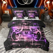 Homewish Chic Game Console Twin Bedding Sets 7-Piece, Pink Purple Cartoon Bedding Comforter Set, Teens Kids Boys Child Reversible Sheet Sets, Breathable Home Decor