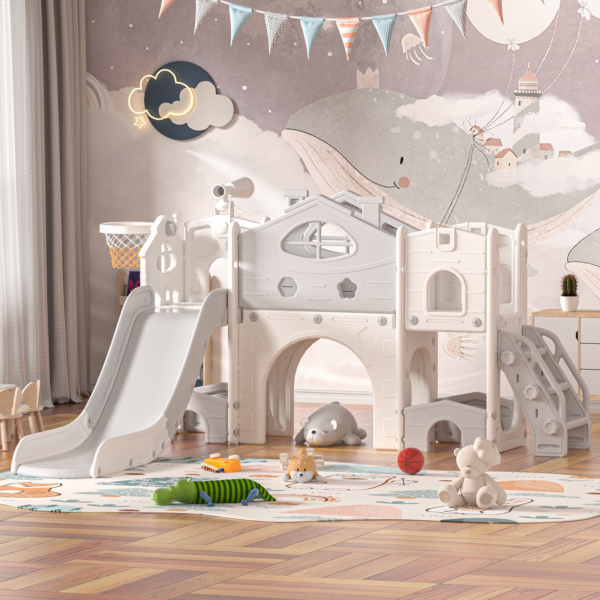 Kids Slide Playset with Climber, Toddlers Freestanding Castle with Basketball, Storage Area, Tunnel for Indoors and Outdoors, Gift for Children, Gray and White