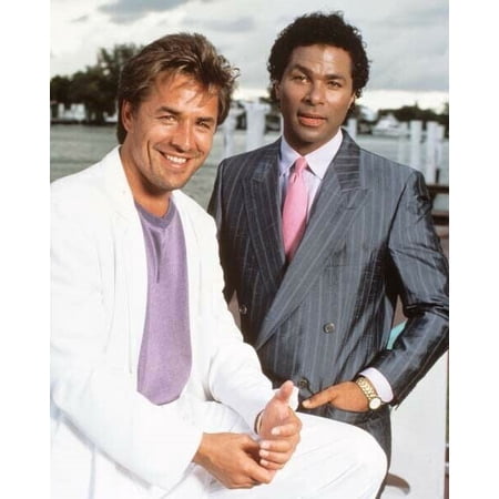 Miami Vice Don Johnson & Philip Michael Thomas pose by harbor Poster 16x20