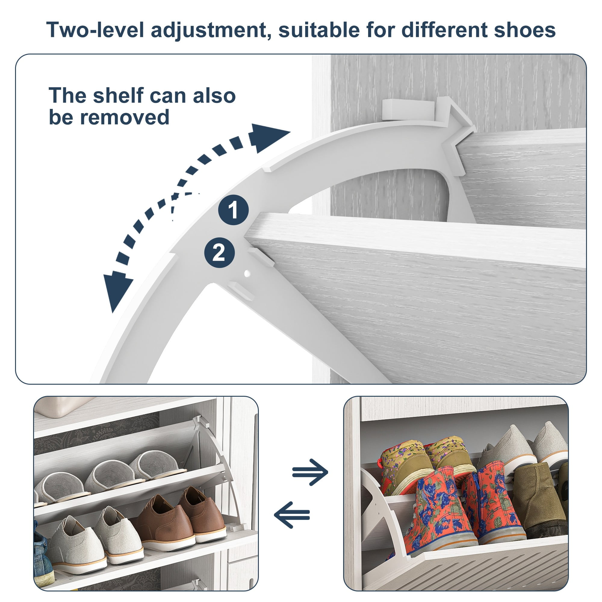Finihen Wood Shoe Cabinet, Freestanding Shoe Racks with 2 Storage Shelves Hidden Narrow Shoe Organizers for Entryway Bathroom Living Room, White