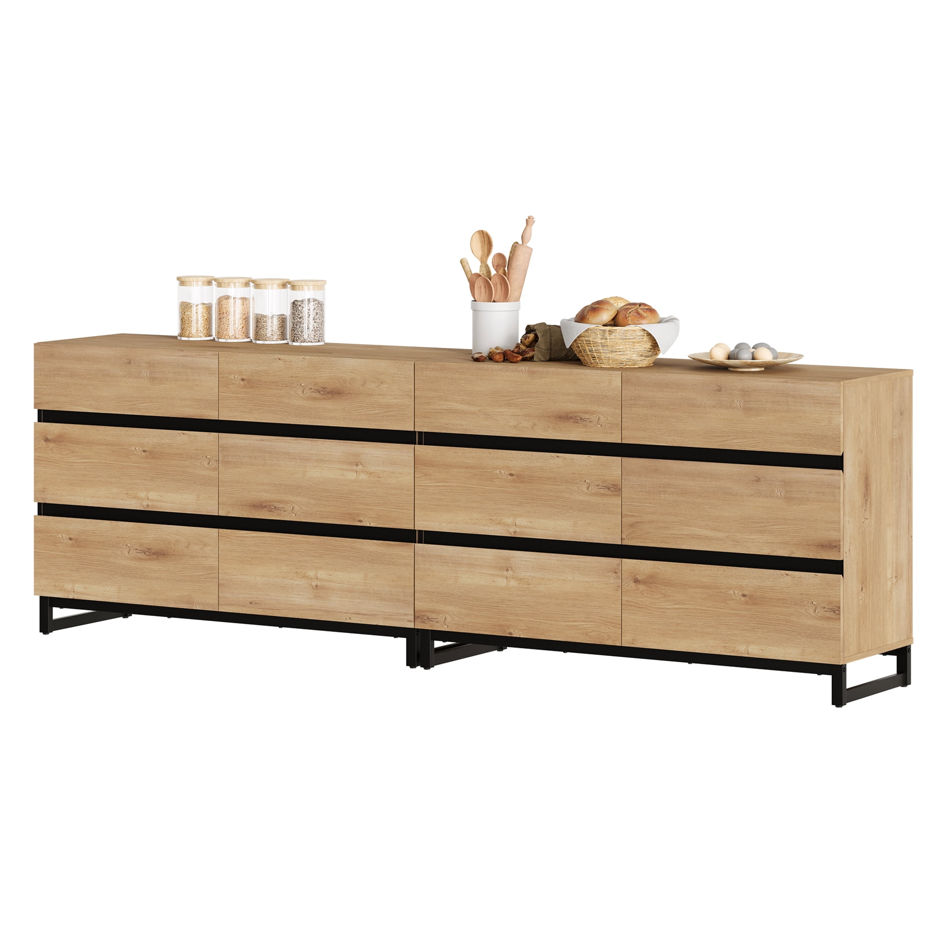 12-Drawer Wooden Dresser with Metal Base, Modern Chest of Drawers & Closet Organizer for Bedroom, Living Room, Oak