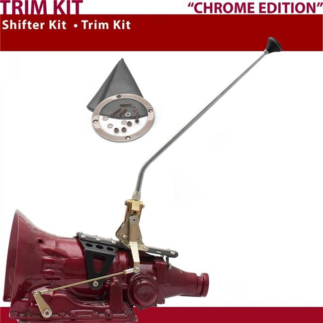 American Shifter 4L60E Shifter Kit Chrome 23 in. Trim Kit Push Button Gray Boot Ringed Knob for