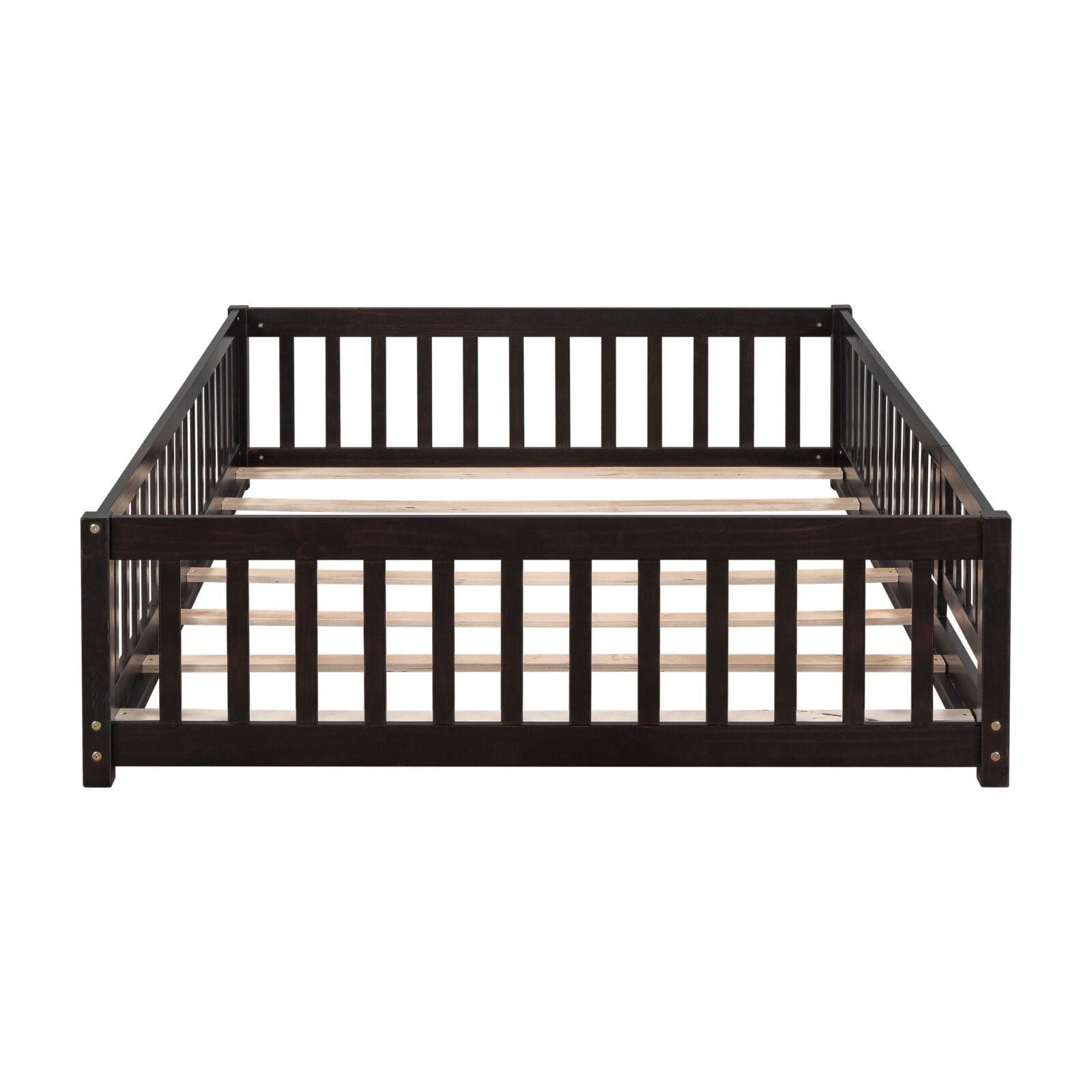 Full Size Floor Bed for Kids, Wood Platform Bed with Fence and Door, Montessori Bed Frame with Slats Support, Playhouse Bed with Door Design, for Toddler, Boys,Girls,No Box Spring Needed,Espresso