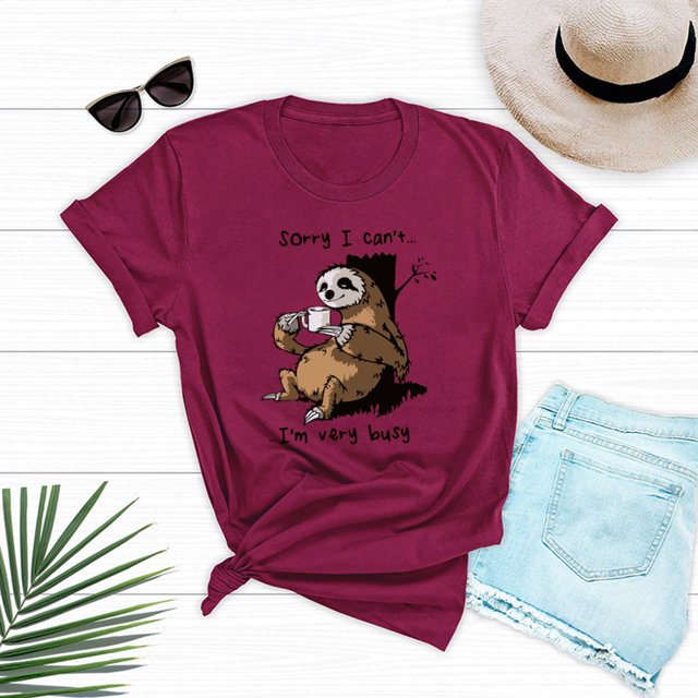 Camiseta de mujer Cute Sloth Print Manga corta O Cuello Tallas grandes Casual Tops sueltos S-5XL Abanopi borgoña/Grande