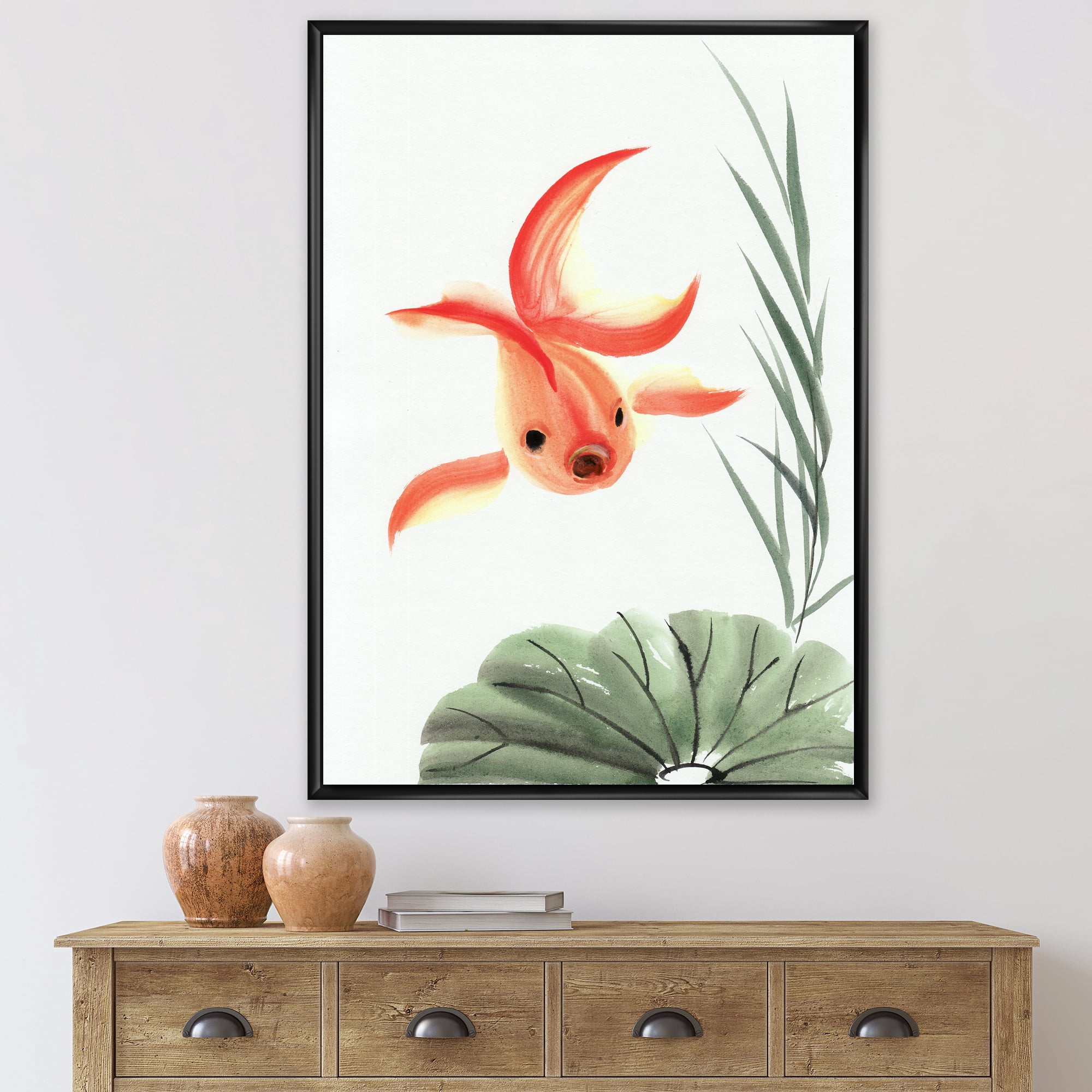 Ancient Goldfish and The Lotus Leaf 12 in x 20 in Framed Painting Canvas Art Print, by Designart