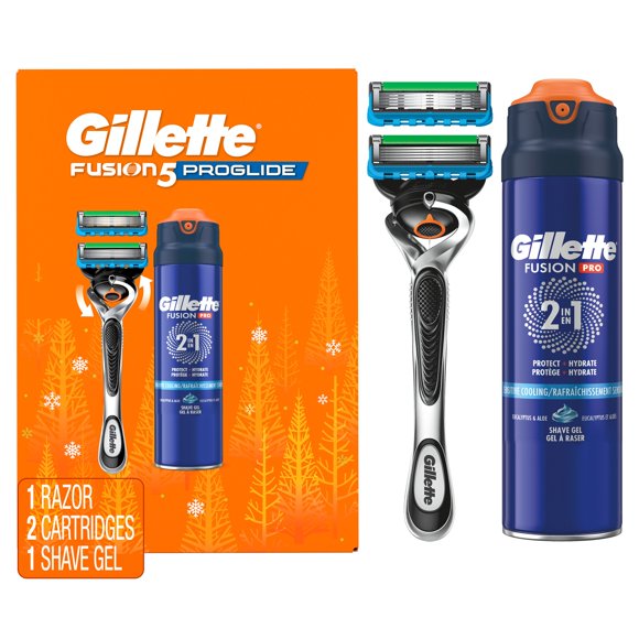 Gillette Fusion5 ProGlide Shaving Razor for Men, 1 Razor Handle, 2 Razor Blade Refills, 7oz Pro Shave Gel, Holiday Gifts for Men