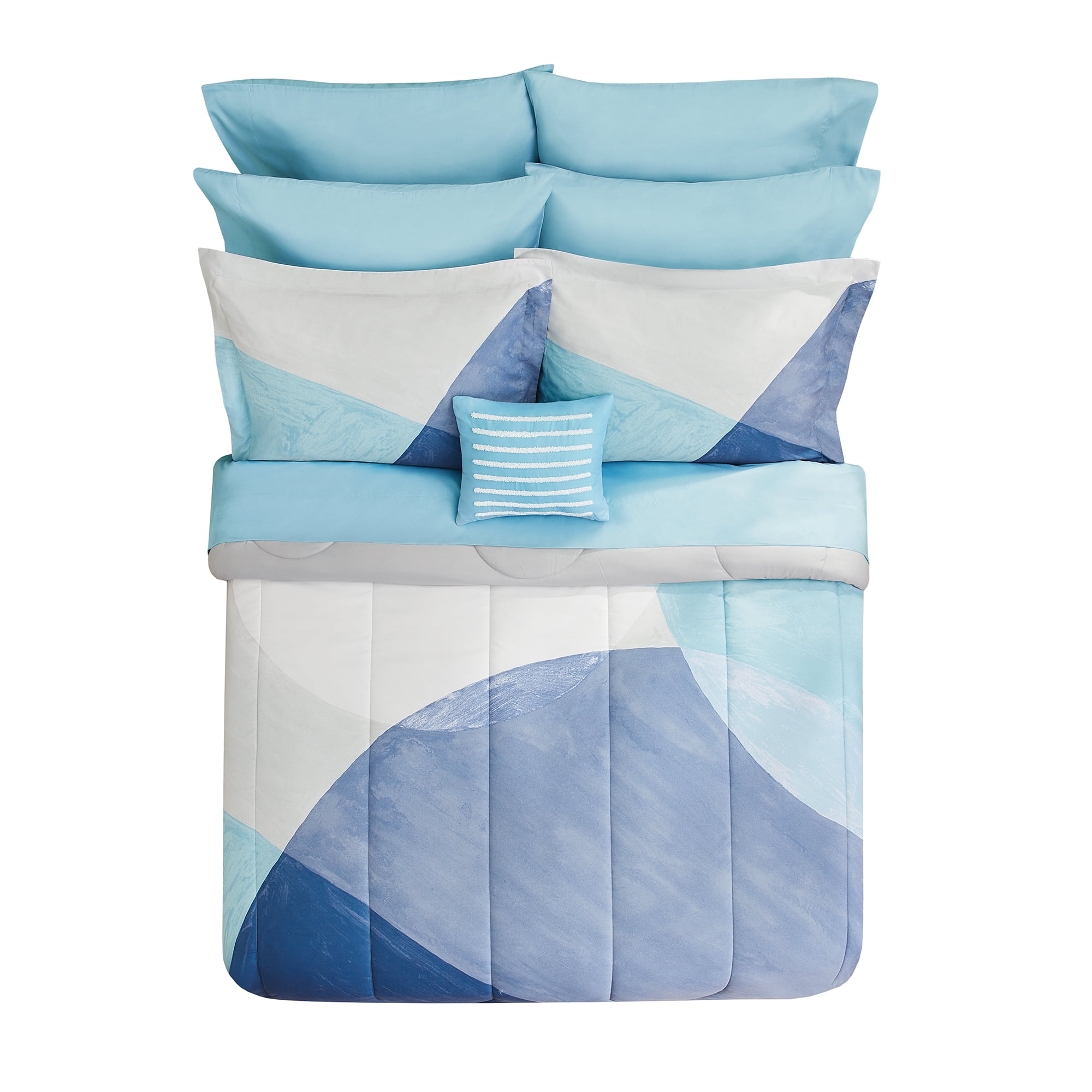 Mainstays 10 Piece Blue Color Block Bed in a Bag Comforter Set with Sheets, King