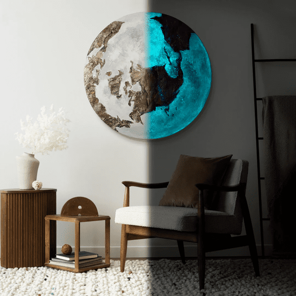 YS-Art Golden Earth Illuminated Round Wall Art, Glow-in-the-Dark Painting for Home Decor, 24'' Diameter