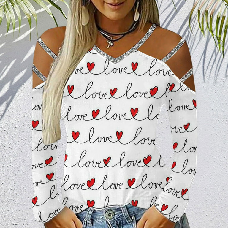 ZQGJB Valentines Day V Neck Off the Shoulder Tops for Women Casual