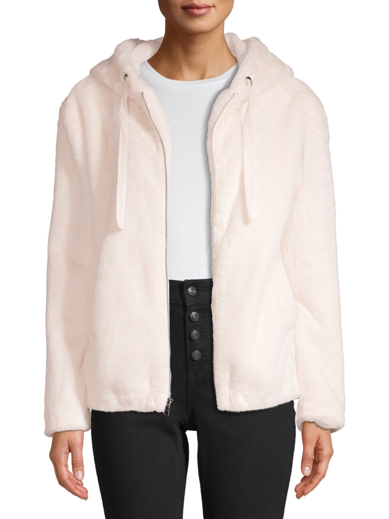 faux fur zip up hooded jacket