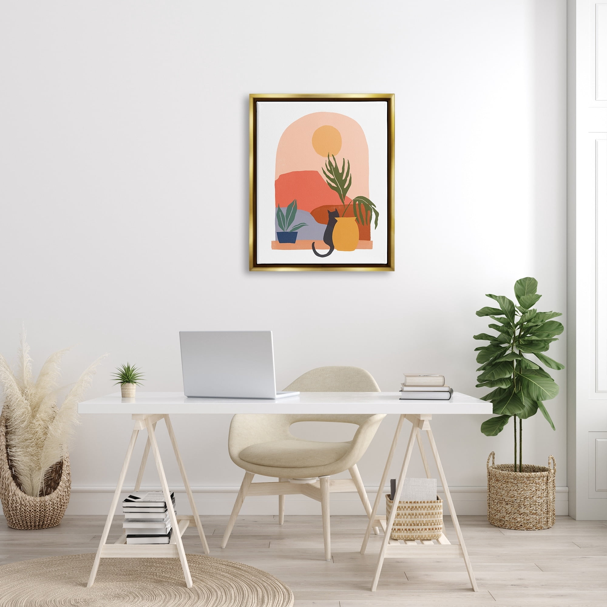 Stupell Industries Cat Watching Desert Dunes Modern Window View Graphic Art Metallic Gold Floating Framed Canvas Print Wall Art, Design by June Erica Vess