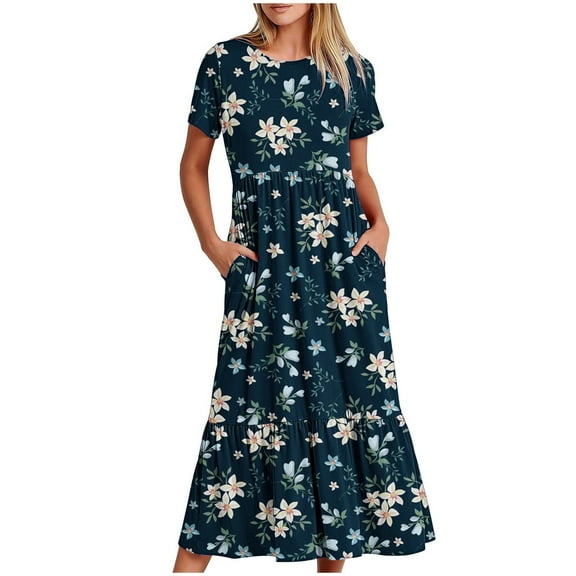 Wycnly Summer Dresses for Women Summer Dresses for Women 2025 Loose Flowy Pleated Swing Tunic Long Dresses with Pocket Ladies Casual Floral Print Crewneck Short Sleeve Maxi Sundresses