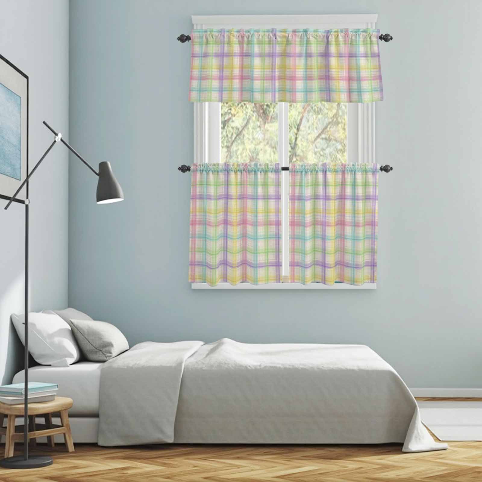 3 Piece Rainbow Plaid Kitchen Curtain Valance and Tiers Set Yellow Pink Blue Green Purple Plaid Linen Texture Rod Pocket Tier Curtain 36 Inch Small Window Drapes for Living Room Bedroom Cafe Decor