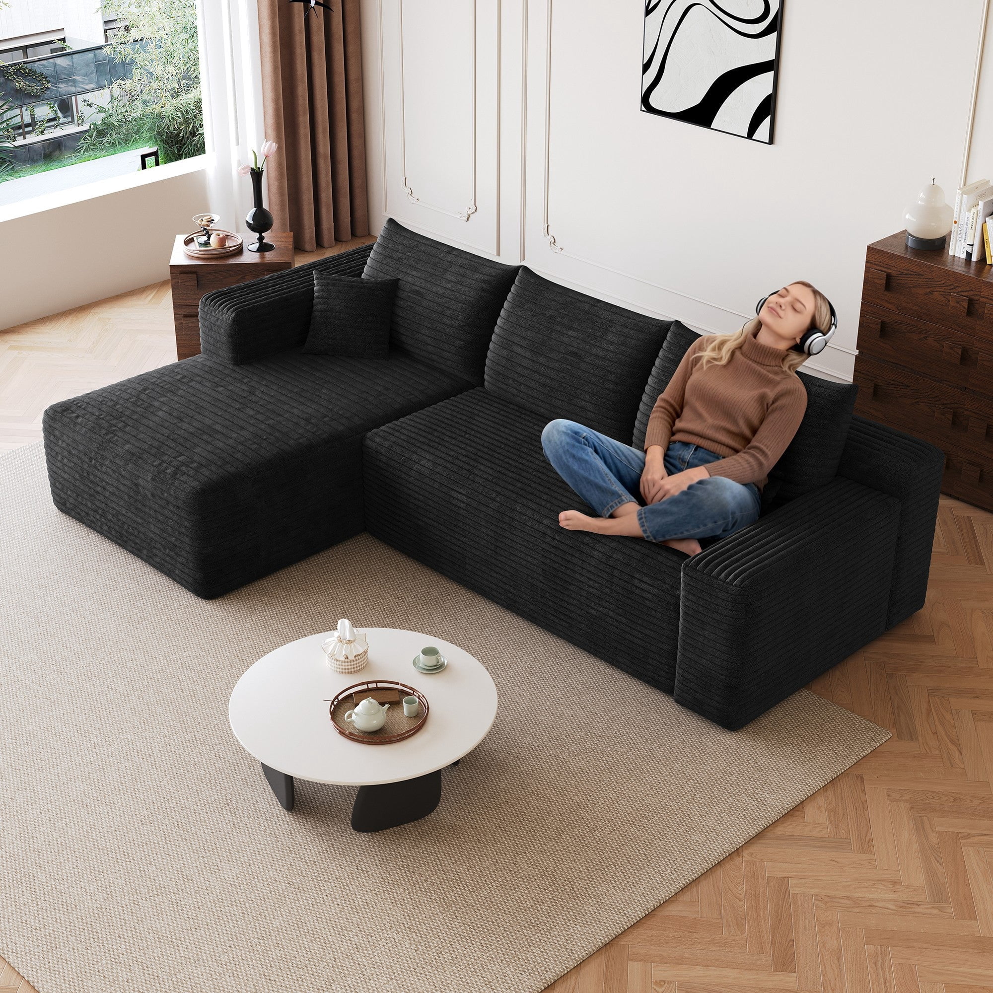 Sailvan 95" Cloud Sectional Sofa - Modern U-Shaped Modular Couch with Deep Seats - Plush Corduroy Fabric - No Assembly Required Black Left