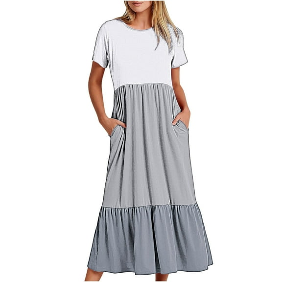 Clearance! Erwazi Maxi Smocked Dresses for Women Summer Short Sleeve Crewneck Tiered Dress Casual Loose Flowy Swing Long Beach Dress with Pockets