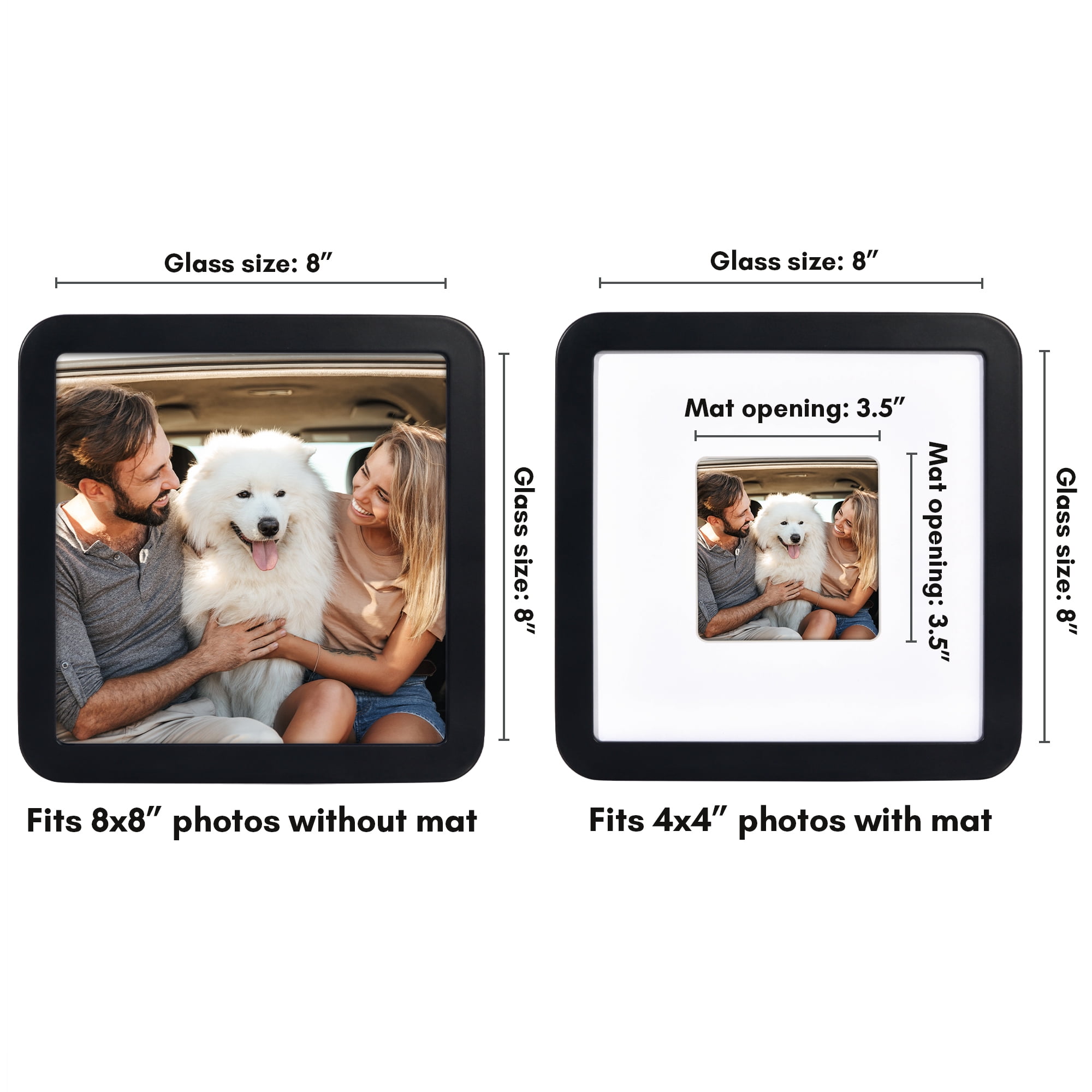 Americanflat 8x8 Picture Frame with Shatter-Resistant Glass with 4x4 Mat Round Corner Molding Mod - Black