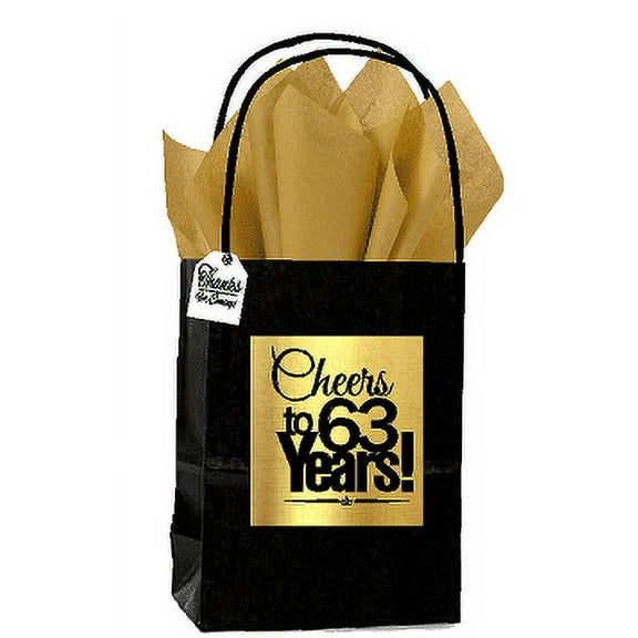 Black & Gold 63rd Birthday / Anniversary Cheers Themed Small Party Favor Gift Bags with Tags -12pack