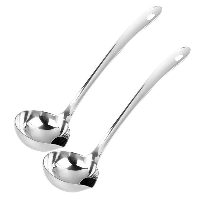 2 cucharones separadores de grasa de acero inoxidable, desnatadores de aceite para cocinar, cucharas separadoras de grasa, cucharones de sopa de metal con pico vertedor.