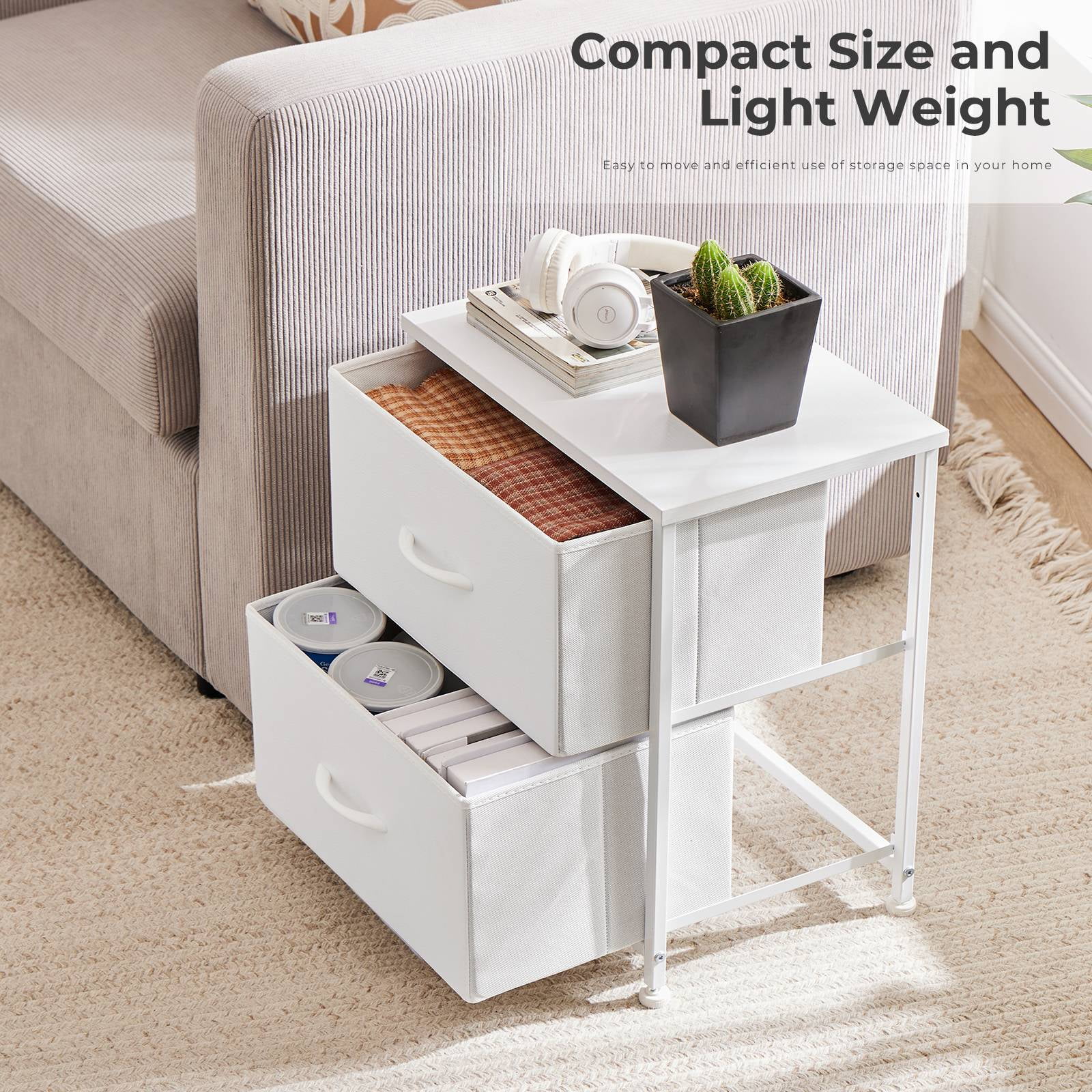 CONCETTA 2-Drawer Fabric Storage Dresser, Nightstand Bedside End Table for Bedroom, Dorm, Small Space, Storage Furniture for Adults, White