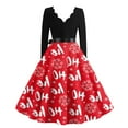 thumbnail image 3 of Women's Casual Fashion Christmas Holiday Print V-Neck Vintage Dress, Holiday Print, Retro Style, Party Wear, Casual Dress, Festive, Comfort,Vermilion,2XL, 3 of 4