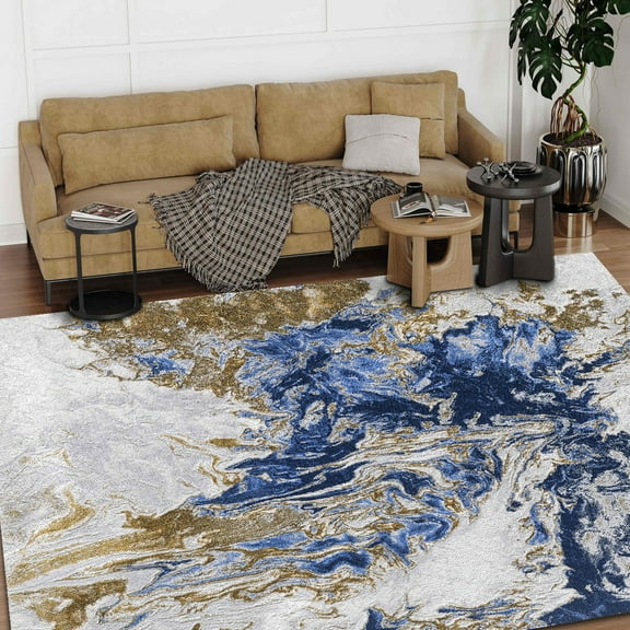 HR Abstract Rugs Ocean Pattern Rugs Marble Theme Gold, Mocha, Blue and Multi Luxury Livingroom Carpet Thick Pile and Ultra Soft Non-Shedding Rug