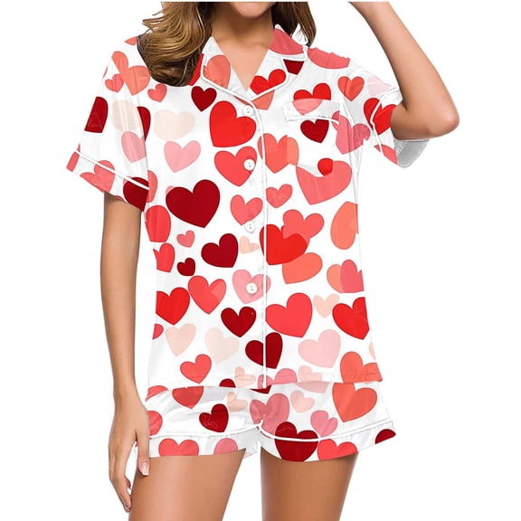 SERTG Womens Valentine Print Lapel Short Sleeve Pajama Set with Pockets Casual Spring Summer Homewear Two-Piece Outfit(Red,M)