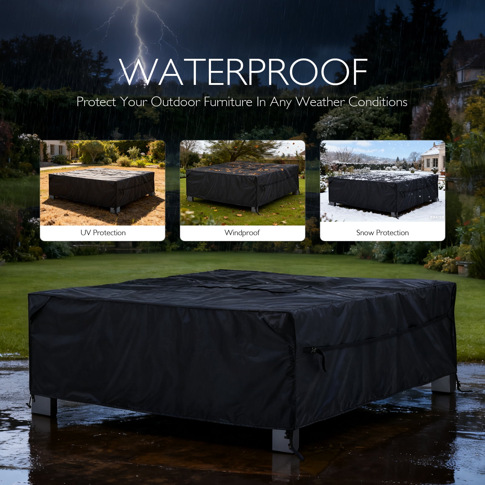 Patio Furniture Covers Waterproof - 420D Outdoor Table and Chair Set Cover with Built-in Storage Bag - Rectangular Patio Table Cover for 4-Seat Dining Set or Sectional Sofa(Black,72"W x72"Dx28"H)