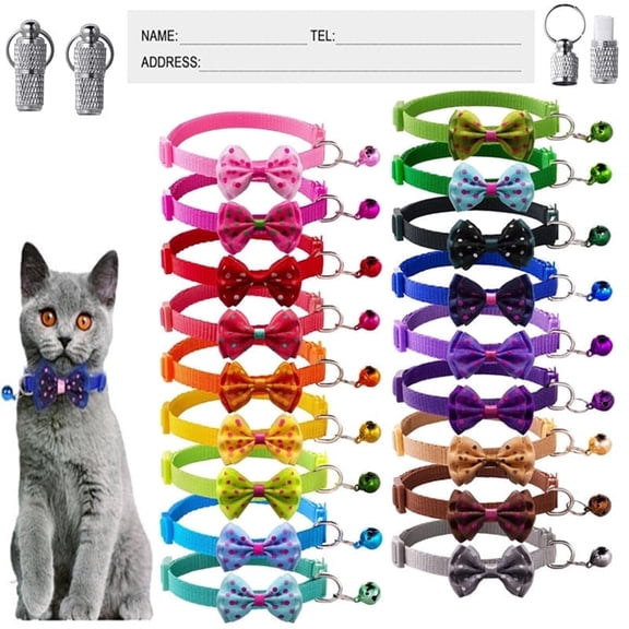 NEWBORN Brand Adjustable 18 Packs Cat Collars Set with Bells, Breakaway Nylon Cat Collar with Bow Tie for Kitten & Puppy (18 Colors & 2 ID Tags)