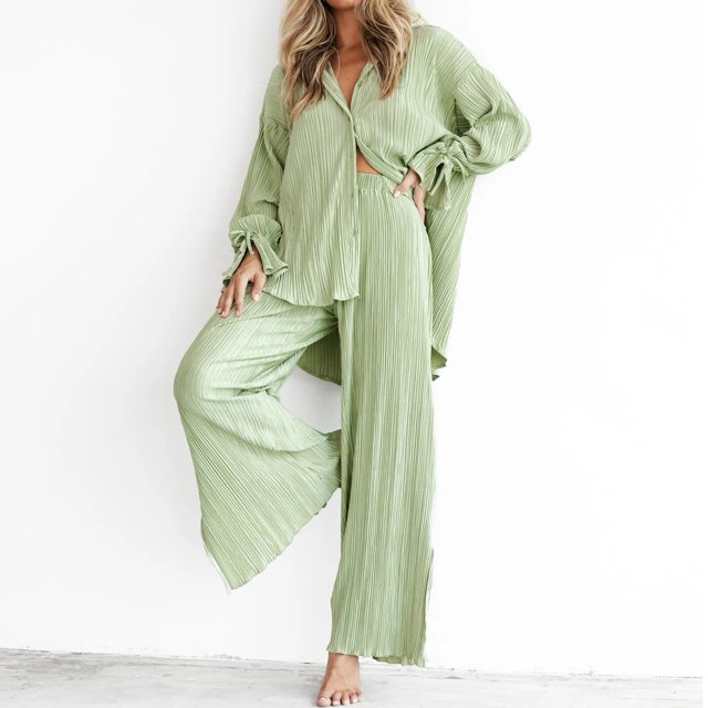 Conjunto de pijama holgado informal para mujer, conjunto de Blusa de manga larga y pantalones plisados, color Beige, 2 piezas, otoño