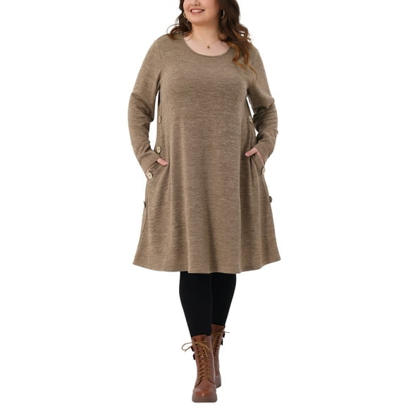 Plus Size Long Sleeve Dress for Women 2025 Fall Fashion Buttons Side Crew Neck Knit Tunic Dress with Pockets 1X Brown