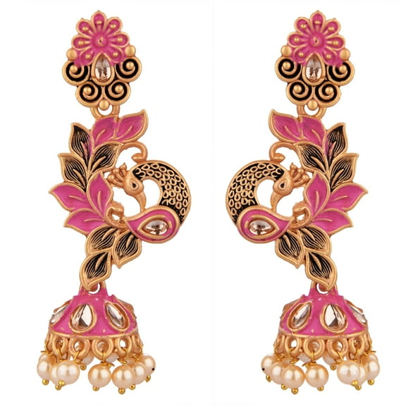 Efulgenz Indian Jewelry Antique Engraved Peacock Anchore Chain Style Hoop Dangle Earrings Set for Women, Pink