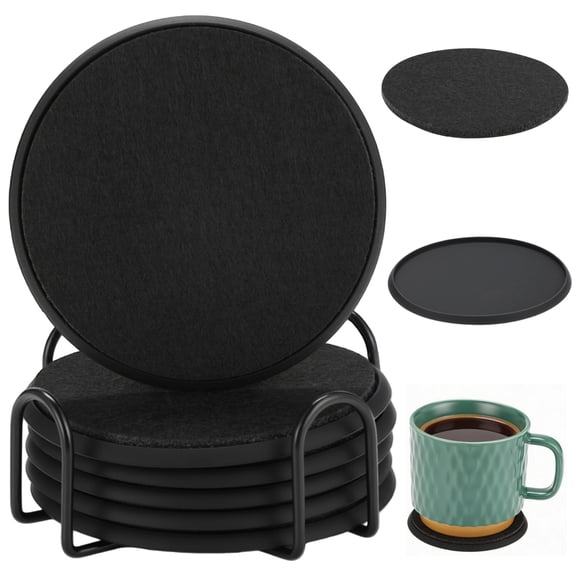 6PCS Absorbent Drink Coasters with Holder, Silicone Cup Mats with Removable Felt Inserts, Non-Slip Non-Stick Coaster Set for Coffee Tables, Hot and Cold Drinks, Home Bar Kitchen