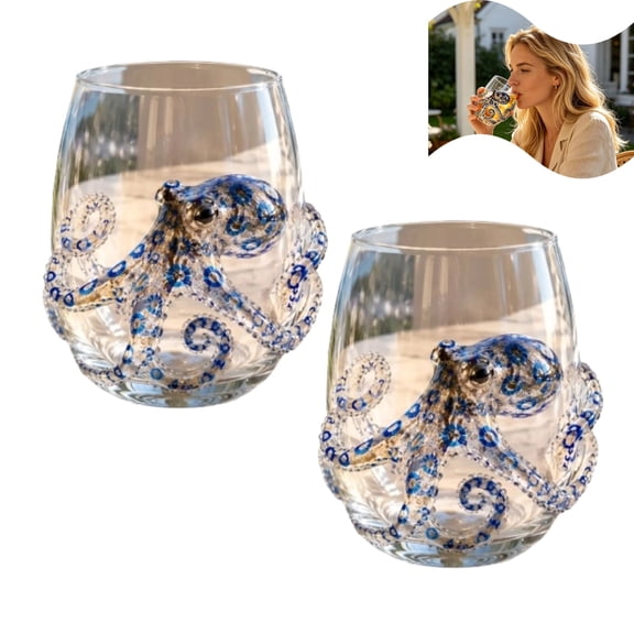 Hand Blown 3D Blue Ringed Octopus Stemless Glass - Artisanal Marine Animal Drinkware, Nautical Coastal Bar Glass for Decor & Daily Use (2Pack)