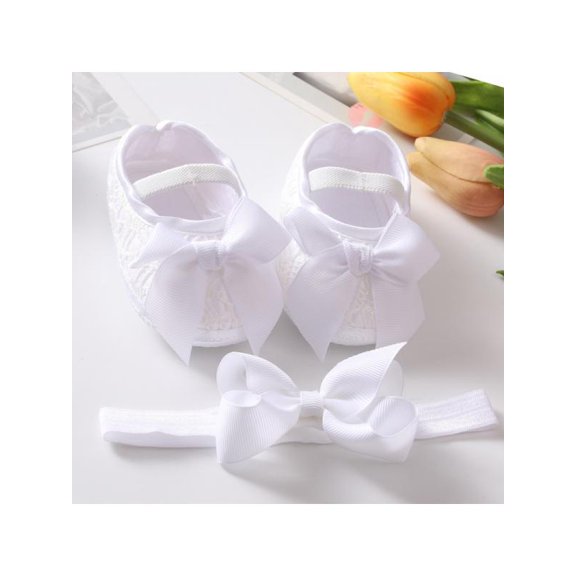 Baby Girl Satin Cloth Princess Shoeds with Bowknot Toddler Soft Sole Walking Shoes Headband Set
