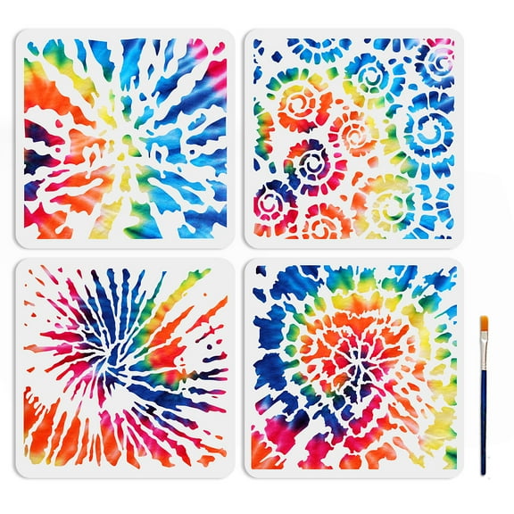 1set Tie-dye Theme PET Hollow Out Drawing Painting Stencils for Scrapbook Photo Album with 1pc Art Paint Brushes 300x300mm 4pcs/set craft product toy