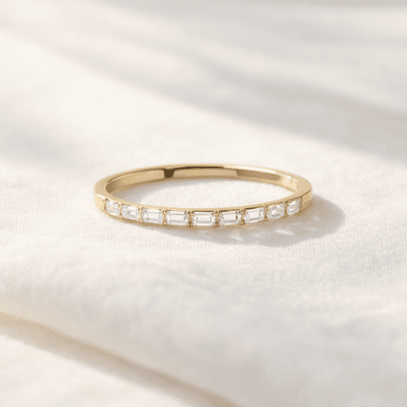 Jewelerix Vermeil 14K Yellow Gold Baguette Cut Moissanite Diamond Stackable Band Ring, Minimalist Wedding Anniversary Jewelry
