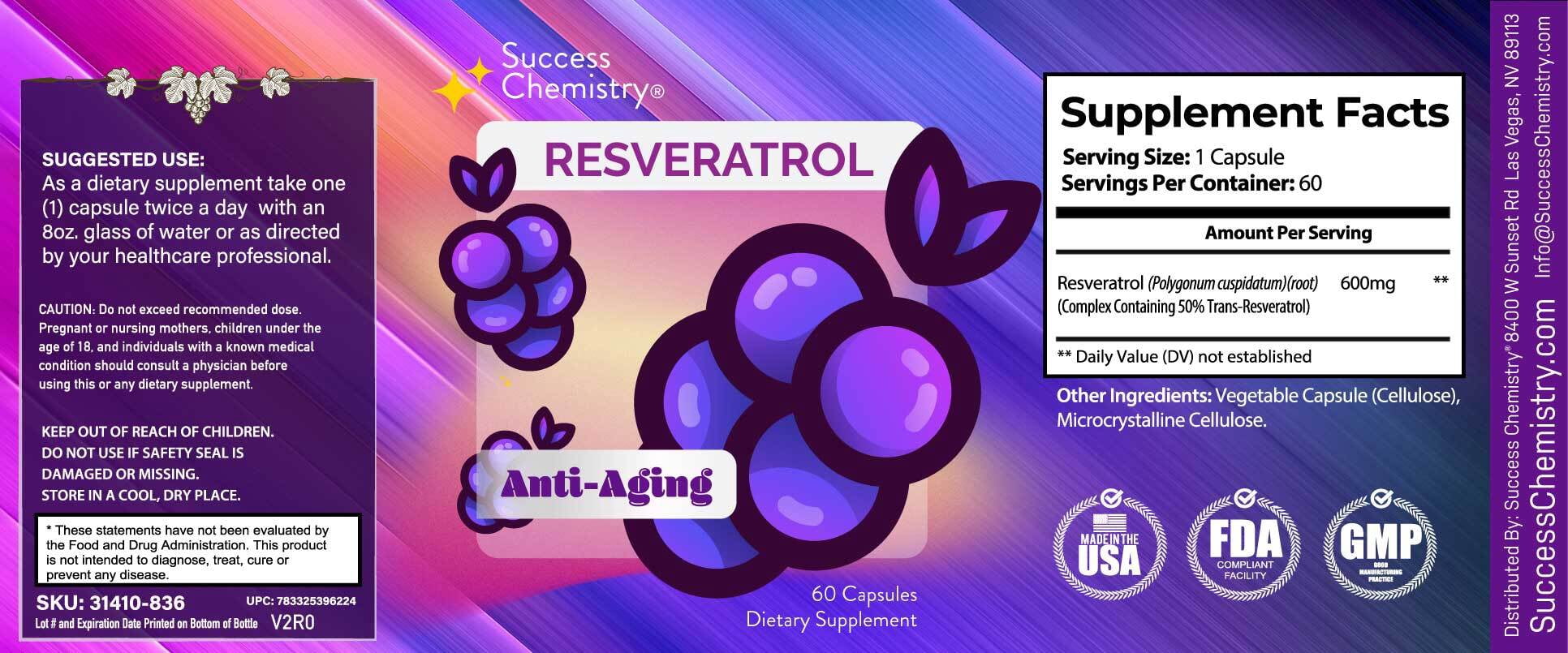 Success Chemistry Resveratrol Supplement Anti-Aging Benefits 60 for General Health & Wellness with Targeted Herbal Formula - 60 Capsules